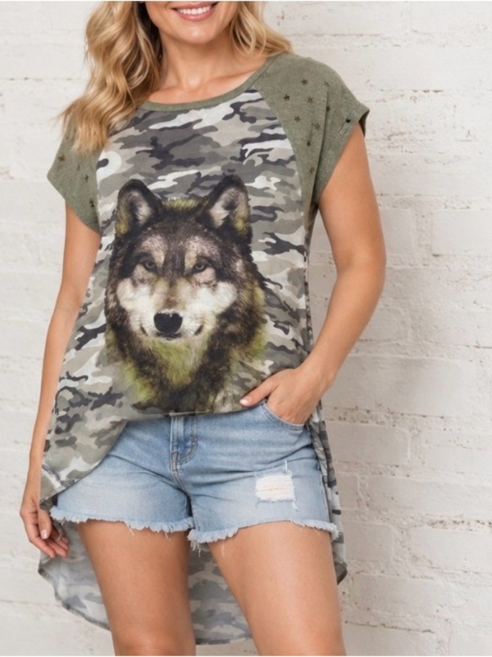 Maeve Camo Wolf Graphic Top in Olive and Gray shoulder studs semi sheer SZ M